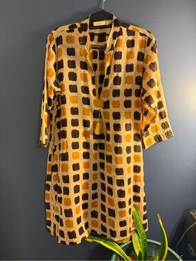 Dolma Tassel Tie Yellow & Brown Printed Swim Coverup Tunic size Medium